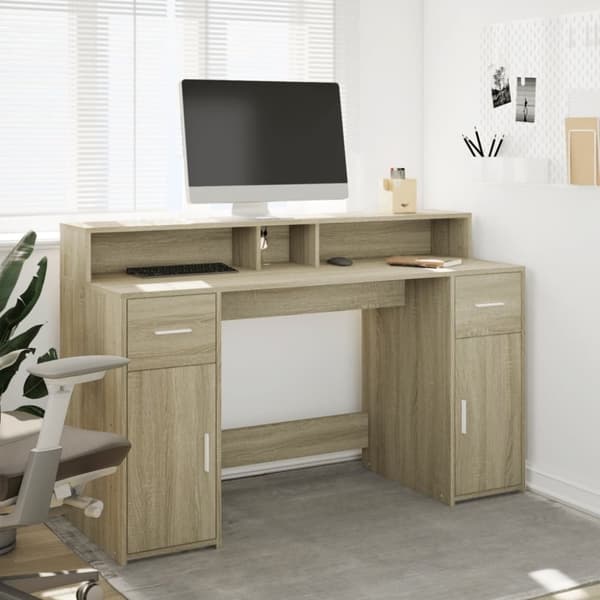 vidaXL Skrivebord med LED-lys sonoma eik 140x55x91 cm konstruert tre