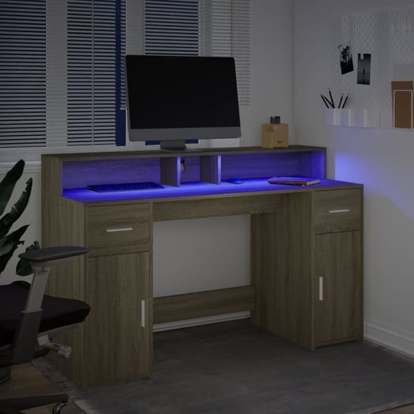 vidaXL Skrivebord med LED-lys sonoma eik 140x55x91 cm konstruert tre