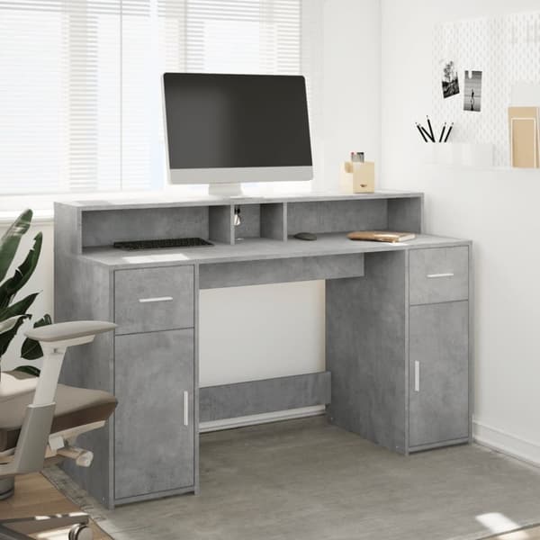 vidaXL Skrivbord med LED betonggrå 140x55x91 cm konstruerat trä