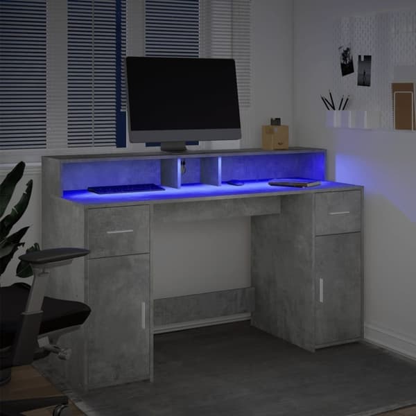 vidaXL Skrivbord med LED betonggrå 140x55x91 cm konstruerat trä