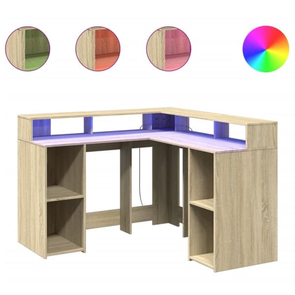 vidaXL Skrivebord med LED-lys sonoma eik 130x130x91 cm konstruert tre