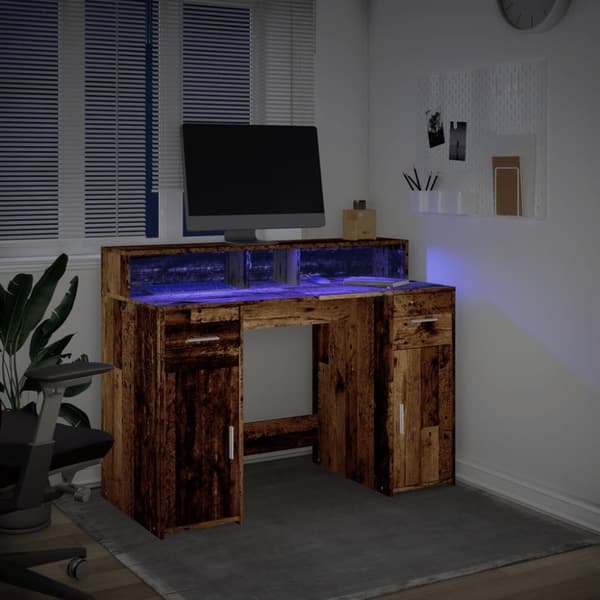vidaXL Skrivebord med LED-lys gammelt tre 120x55x91 cm konstruert tre