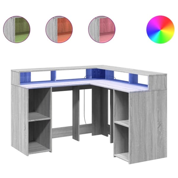 vidaXL Skrivebord med LED-lys grå sonoma 130x130x91 cm konstruert tre