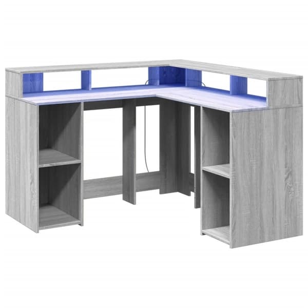vidaXL Skrivebord med LED-lys grå sonoma 130x130x91 cm konstruert tre