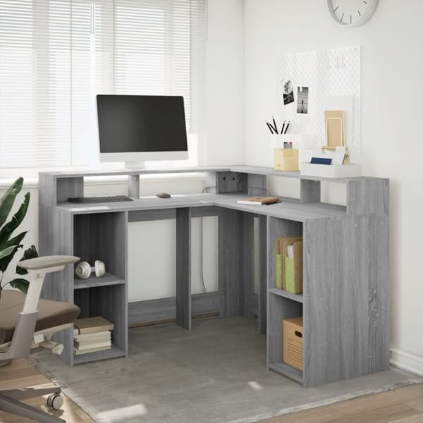 vidaXL Skrivebord med LED-lys grå sonoma 130x130x91 cm konstruert tre