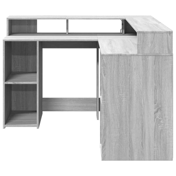 vidaXL Skrivebord med LED-lys grå sonoma 130x130x91 cm konstruert tre