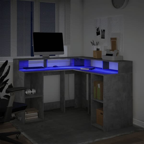 vidaXL Skrivebord med LED-lys betonggrå 130x130x91 cm konstruert tre