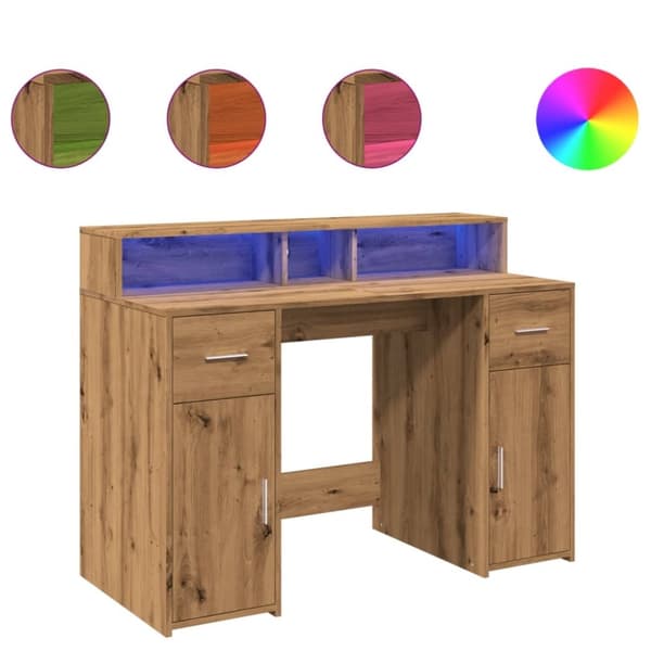 vidaXL Skrivebord med LED-lys artisan eik 120x55x91 cm konstruert tre