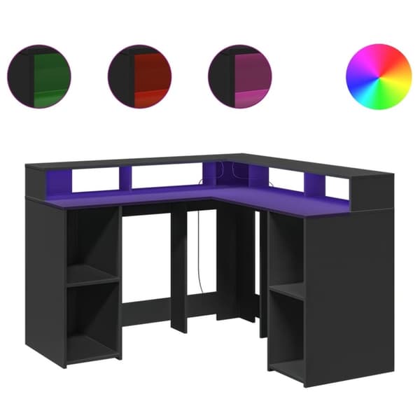 vidaXL Skrivebord med LED-lys svart 130x130x91 cm konstruert tre