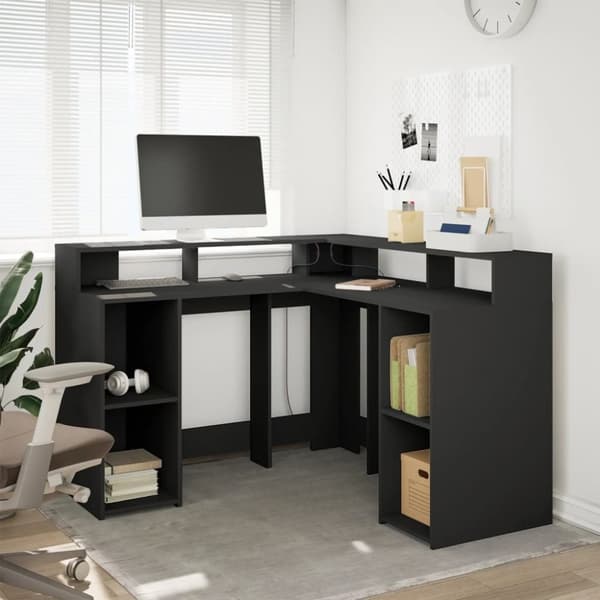 vidaXL Skrivebord med LED-lys svart 130x130x91 cm konstruert tre