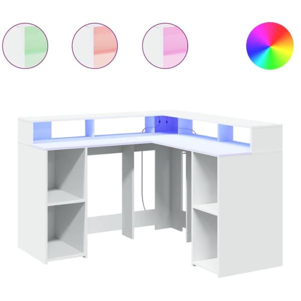 vidaXL Skrivebord med LED-lys hvit 130x130x91 cm konstruert tre
