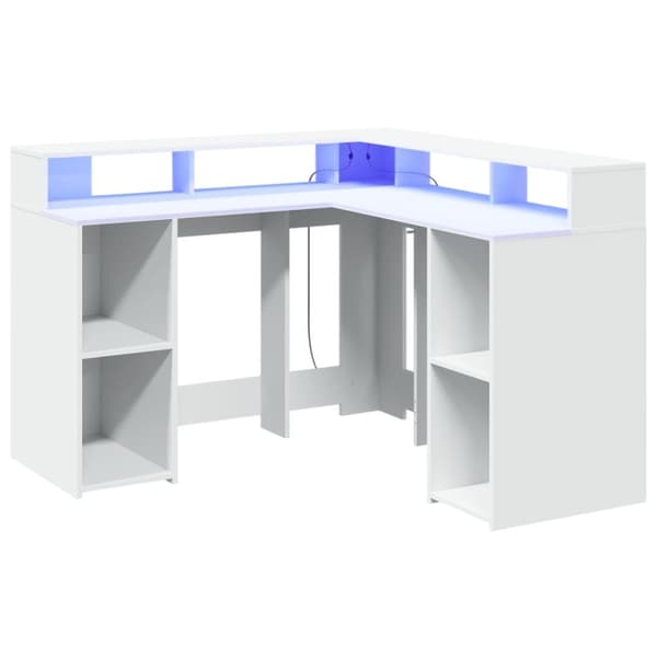 vidaXL Skrivebord med LED-lys hvit 130x130x91 cm konstruert tre