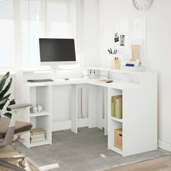 vidaXL Skrivebord med LED-lys hvit 130x130x91 cm konstruert tre