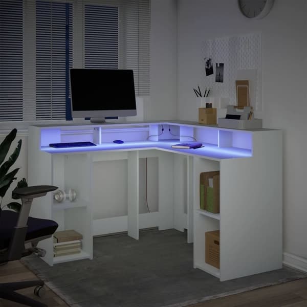 vidaXL Skrivebord med LED-lys hvit 130x130x91 cm konstruert tre