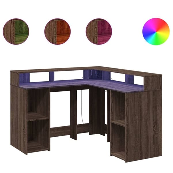 vidaXL Työpöytä LED-valoilla ruskea tammi 130x130x91 cm tekninen puu