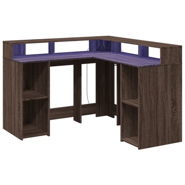 vidaXL Työpöytä LED-valoilla ruskea tammi 130x130x91 cm tekninen puu