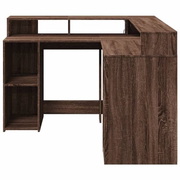 vidaXL Työpöytä LED-valoilla ruskea tammi 130x130x91 cm tekninen puu