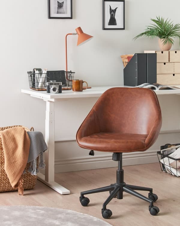 Skrivebordsstol Brun Cognac Læder Stol med Hjul til Kontor Moderne Drejestol Ergonomisk Design Kontorstol uden Armlæn
