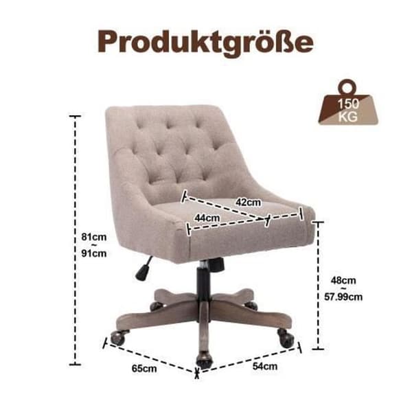 360° vridbar kontorsstol, kontors- och datorstol, ergonomisk design, träben, justerbar höjd, brunaktig