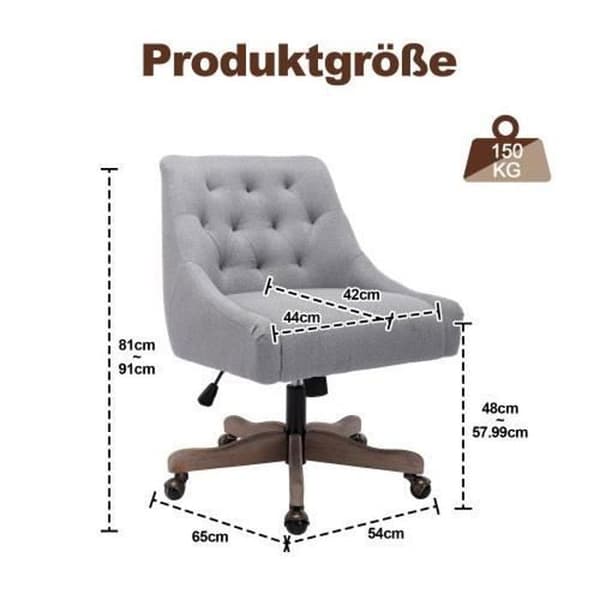 Kontorsstol - Ergonomisk design - 360° rotation - Justerbar höjd - Träben - Grå