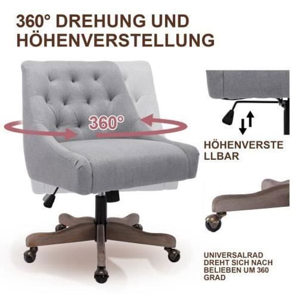Kontorsstol - Ergonomisk design - 360° rotation - Justerbar höjd - Träben - Grå