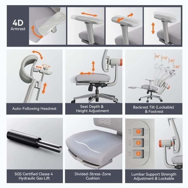 NEWTRAL MagicH-BPro ergonomisk stol med fotstöd, automatiskt efterföljande ryggstöd Nackstöd, adaptivt nedre ryggstöd