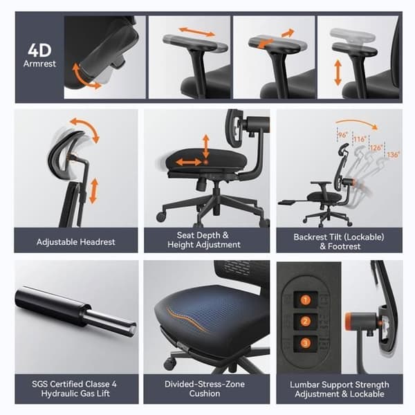 NEWTRAL MagicH-BP ergonomisk stol med fotstöd - Svart - Kontor - Vuxen - Faux - Modern - Design