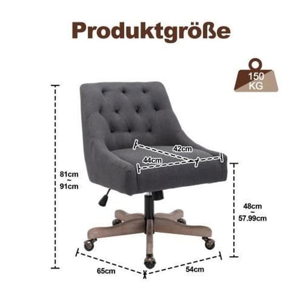 360° vridbar kontorsstol, kontors- och datorstol, ergonomisk design, träben, justerbar höjd, svart