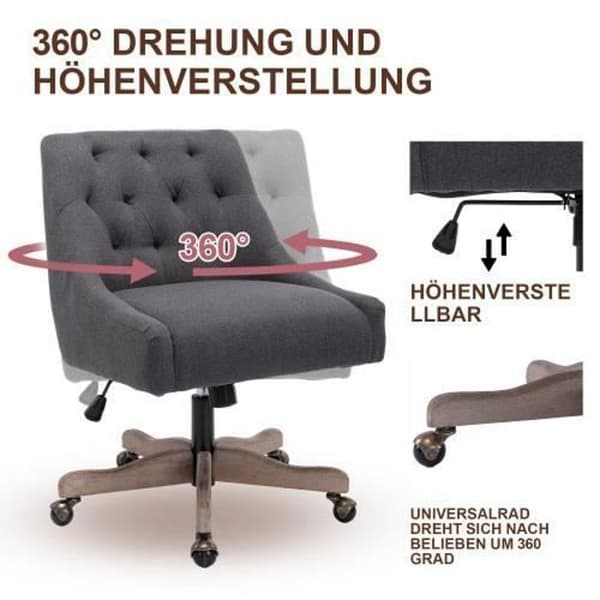 360° vridbar kontorsstol, kontors- och datorstol, ergonomisk design, träben, justerbar höjd, svart
