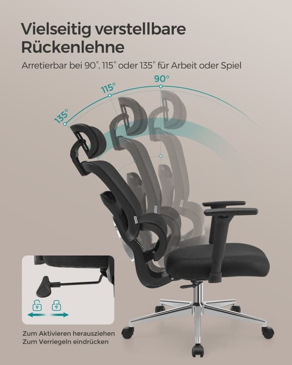 Rootz Ergonomic Office Chair - Blæk sort - Stål - PU læder - Justerbar højde - 70 cm x 70 cm x (117-125 cm) - 150 kg Kapacitet
