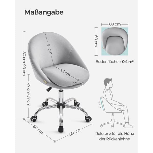 Rootz Grey pyörivä tuoli - Ergonominen tuoli - Pyörivä tuoli - Teräsrunko - Puuvilla-pellavasekoitus - Kannettava - 60cm x 60cm x 80-90cm