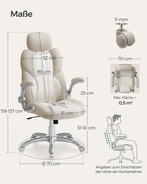 Rootz Creme White Kontorstol - Ergonomisk skrivebordsstol - Justerbar sædehøjde - Krydsfinerstel - Stålstruktur - 70cm x 70cm x (119-137) cm