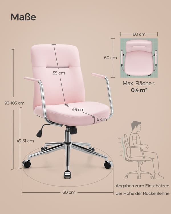 Rootz Pastel Pink kontorstol - Stålstel - Skumsæde - PU-betræk - Justerbar højde - 60 cm x 60 cm x (93-103 cm)