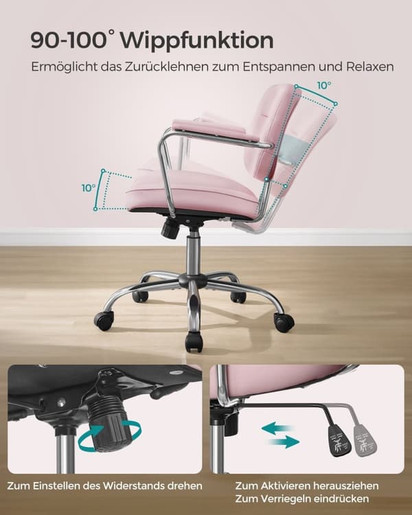 Rootz Pink kontorstol - Ergonomisk stol - Drejestol - PU-materiale - Justerbar højde - 60 cm x 60 cm x (87-97 cm)