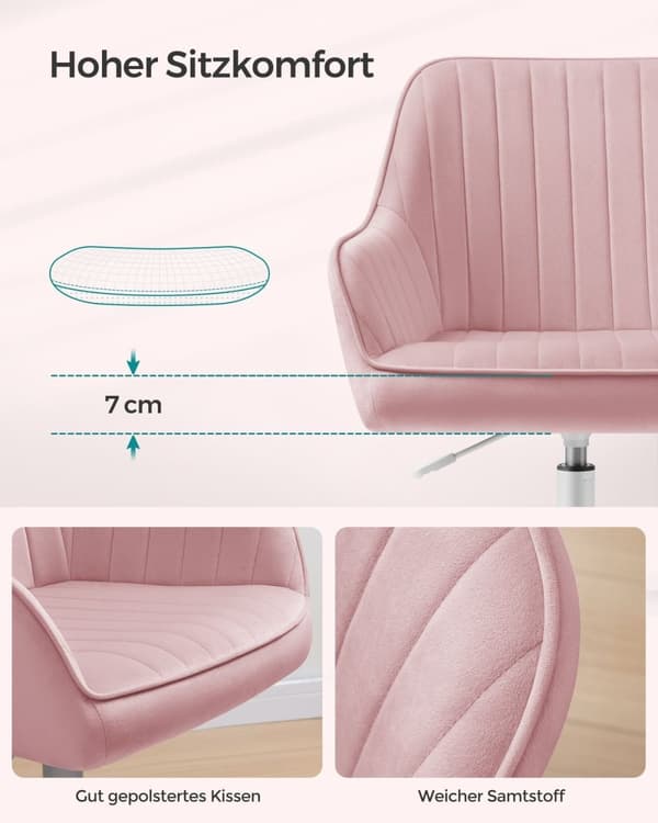 Rootz Velvet Kontorsstol - Skrivbordsstol - Rullstol - Memory Foam Vaddering - 64cm x 62cm x (80-90)cm - Pastellrosa