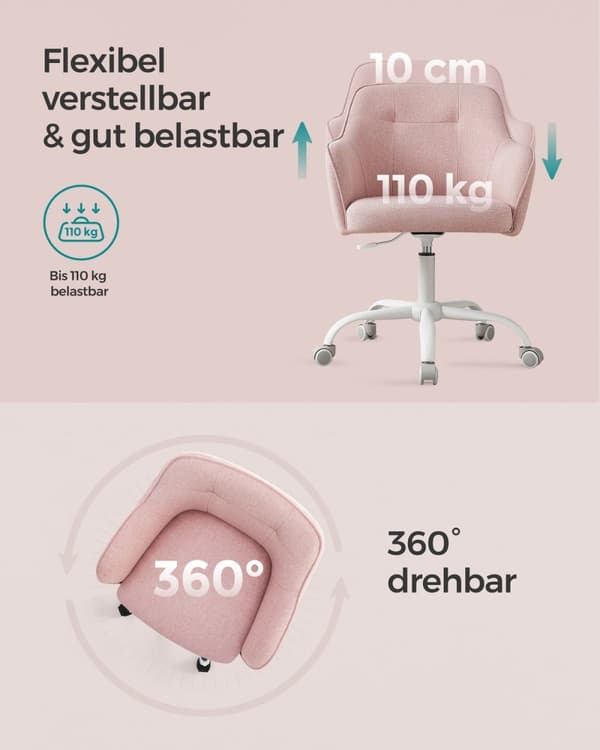 Rootz Pink Drejestol - Kontorstol - Rullestol - Stålstel - Skumpolstring - 69cm x 65cm x (83-93cm) - Justerbar højde