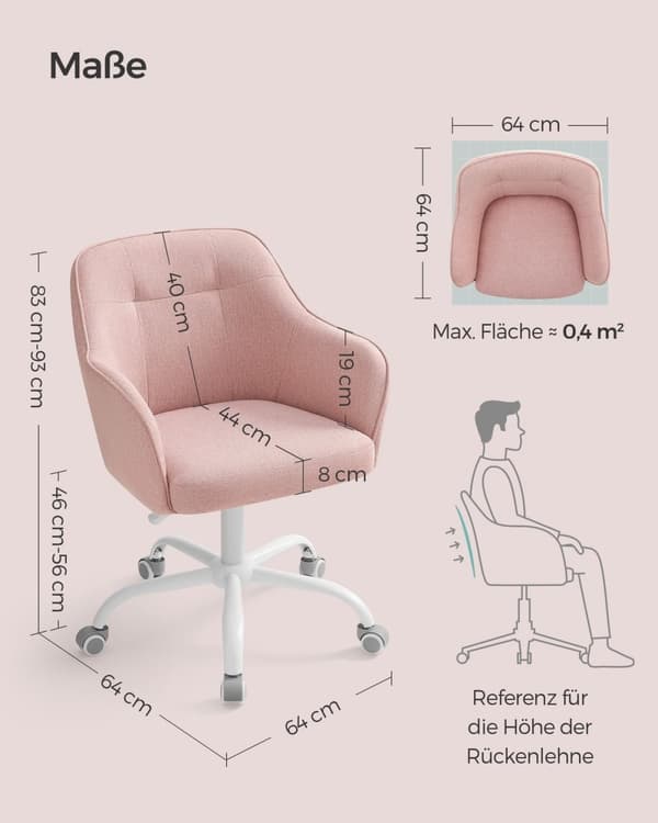 Rootz Pink Drejestol - Kontorstol - Rullestol - Stålstel - Skumpolstring - 69cm x 65cm x (83-93cm) - Justerbar højde