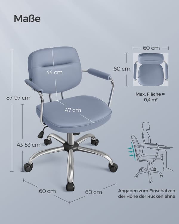 Rootz Mist Blue Ergonomic Kontorstol - PU-læderstol - Justerbart sæde - Skumpolstring - Stålramme - 60cm x 60cm x (87-97)cm