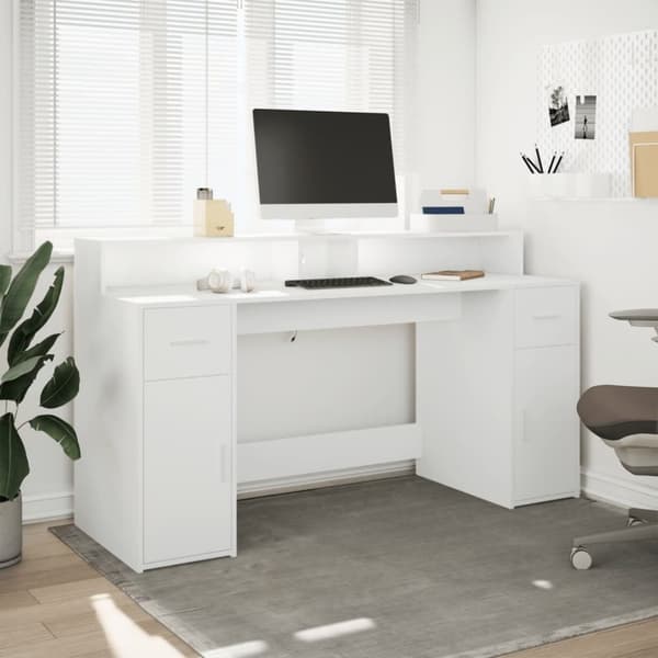 vidaXL skrivebord med LED-lys 160x55x91 cm konstrueret træ hvid