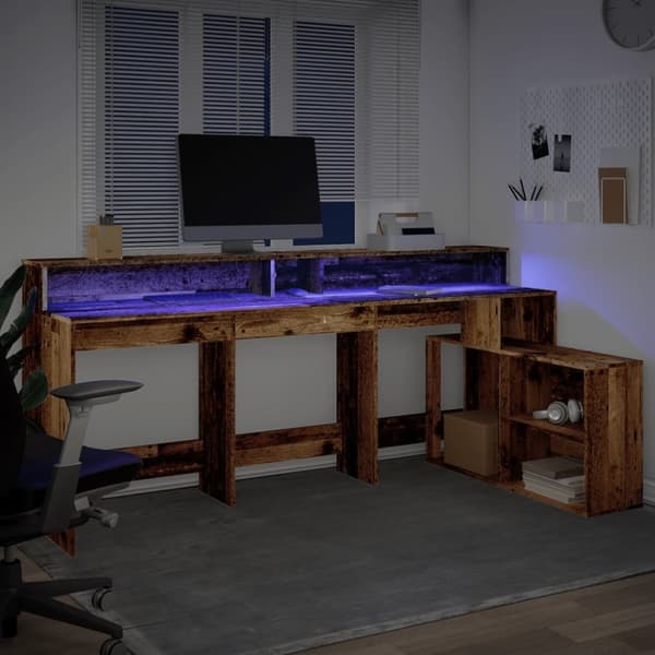 vidaXL Työpöytä LED-valoilla vanha puu 200x104x91 cm tekninen puu