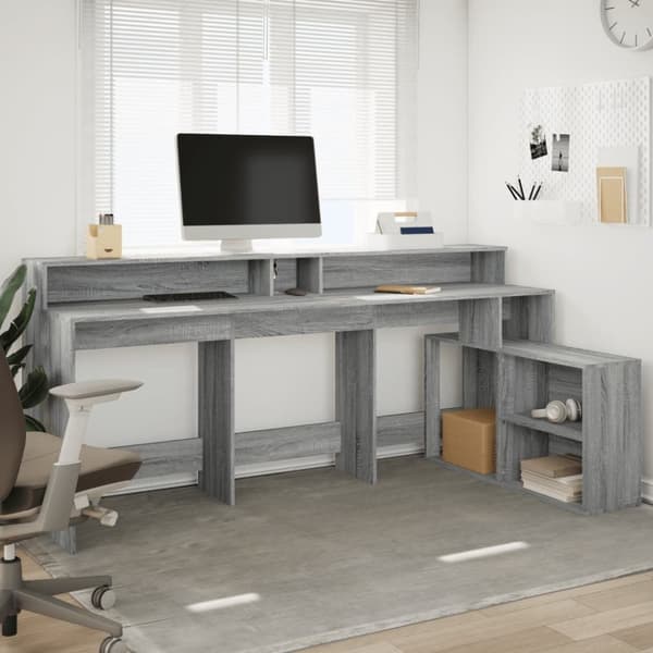 vidaXL Skrivebord med LED-lys grå sonoma 200x104x91 cm konstruert tre