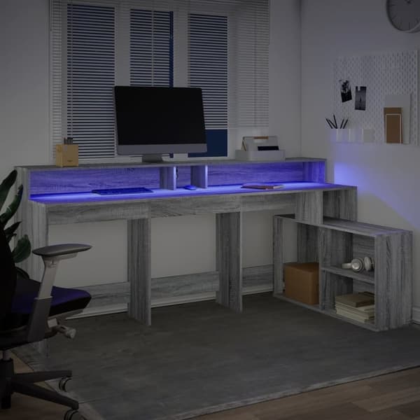 vidaXL Skrivebord med LED-lys grå sonoma 200x104x91 cm konstruert tre