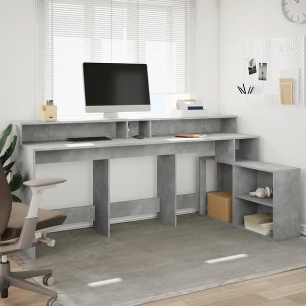 vidaXL Skrivebord med LED-lys betonggrå 200x104x91 cm konstruert tre