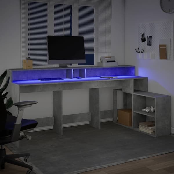 vidaXL Skrivebord med LED-lys betonggrå 200x104x91 cm konstruert tre