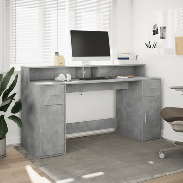 vidaXL skrivebord med LED-lys 160x55x91 cm konstrueret træ betongrå