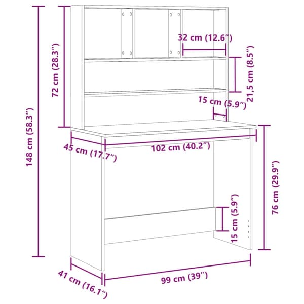 vidaXL Skrivbord med hyllor åldrat trä 102x45x148 cm konstruerat trä