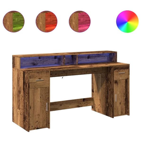 vidaXL Työpöytä LED-valoilla vanha puu 160x55x91 cm tekninen puu