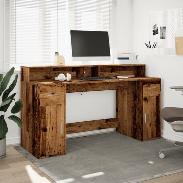 vidaXL Työpöytä LED-valoilla vanha puu 160x55x91 cm tekninen puu