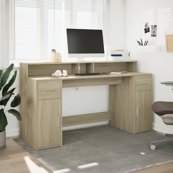 vidaXL Työpöytä LED-valoilla Sonoma-tammi 160x55x91 cm tekninen puu