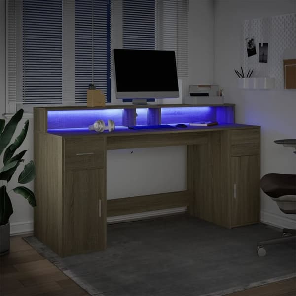 vidaXL Työpöytä LED-valoilla Sonoma-tammi 160x55x91 cm tekninen puu